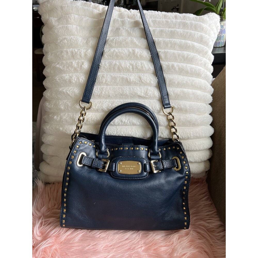Michael Kors Navy Blue & Gold Studded Crossbody Satchel